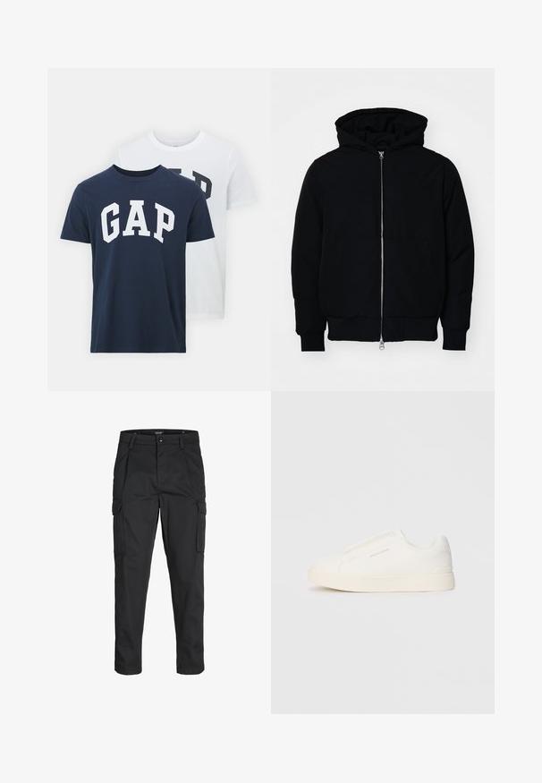 Mustat huppu-untuvatakki, jossa on vetoketju edessä, kenguru-tasku, ribatut hihansuut ja helma, esillä yksinkertaisella valkoisella taustalla.; Kaksi GAP:in t-paitaa; yksi tummansininen, jossa on valkoinen "GAP"-logo, ja toinen valkoinen, jossa on tummanvihreä "GAP"-logo. Valmistettu puuvillasta, pyöreä kaula-aukko.; Mustat cargo-housut, jotka on valmistettu kestävästä kankaasta. Housuissa on useita taskuja, nappisulku ja kapea istuvuus, jossa on kapenevat lahkeet.; Valkoiset liukusukat, joissa on teksturoitu pinta, paksu pohja ja minimalistikot. Sivulla on brändin logo.