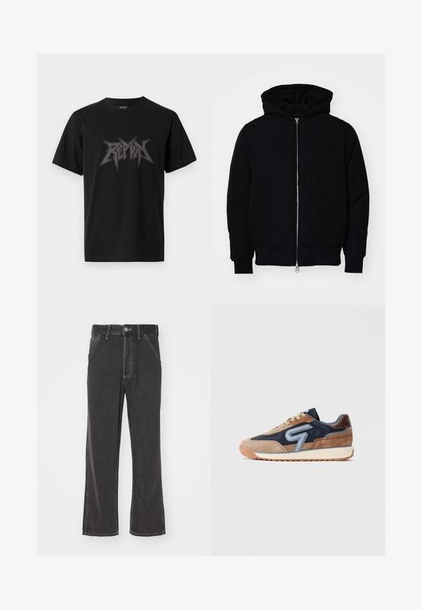 Mustat huppu-untuvatakki, jossa on vetoketju edessä, kenguru-tasku, ribatut hihansuut ja helma, esillä yksinkertaisella valkoisella taustalla.; Mustat puuvillaiset t-paidat, joissa on lyhyet hihat ja pyöreä kaula-aukko. Edessä on näkyvä harmaa graafinen tekstilogo.; Mustat farkut, joissa on levenevät lahkeet ja korkea vyötärö, kontrastiväriset saumat, etutaskut sekä napitus. Materiaali vaikuttaa kestävältä ja sileältä.; Matalavälineiden sekoitus ruskeasta mokasta ja tummansinisestä kankaasta, jossa on vaaleansinisiä yksityiskohtia. Nauhakiinnitys, kumipohja ja pyöreä kärki.