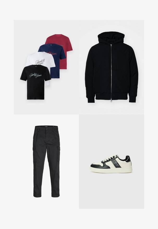 Černá kapucňová bunda s předním zipem, klokaní kapsou, vroubkovanými manžetami a spodním lemem, vystavená na čistém bílém pozadí.; Čtyři trička s krátkým rukávem z bavlny v černé, bílé, námořnické a burgundské barvě. Každé má na přední straně tisk "Jack & Jones" v různých písmech.; Černé cargo kalhoty vyrobené z odolné tkaniny, s mnoha kapsami, knoflíkovým zapínáním a slim fit střihem se zúženými nohavicemi.; Kožené tenisky s černobílou barevnou kombinací, které mají perforované detaily, polstrovaný límec a texturovanou podrážku.
