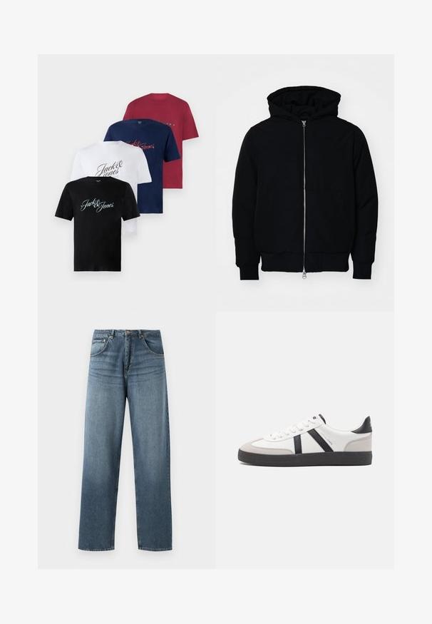 Zwarte hoodie met rits aan de voorkant, kangoeroe-pocket, geribbelde manchetten en zoom, weergegeven op een effen witte achtergrond.; Vier katoenen t-shirts met korte mouwen in zwart, wit, marineblauw en bordeaux. Elk shirt heeft "Jack & Jones" in verschillende lettertypes op de voorkant gedrukt.; Rechtaankomende blauwe spijkerbroek met een vervaagde was, voorzien van een vijfzakkenontwerp, metalen knoop en riemlussen. Gestructureerde, middelzware stof.; Witte sneaker met zwarte en grijze accenten, voorzien van een grijze neus met textuur, zwarte rubberen zool en platte witte veters. Schoon ontwerp, minimalistische stijl.
