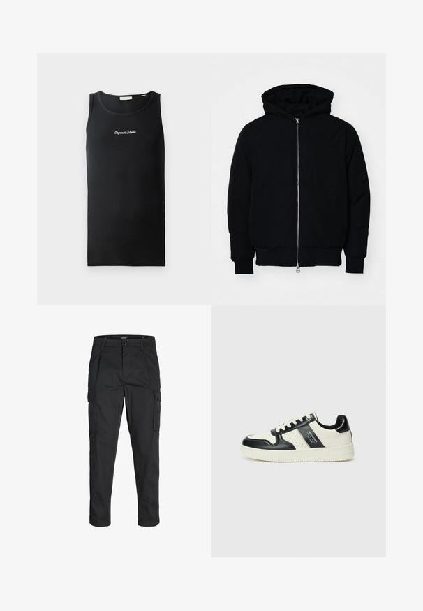 Jachetă neagră cu glugă, cu fermoar în față, buzunar tip kangaroo, mansete și tiv ribbed, prezentată pe un fundal alb simplu.; Top negru fără mâneci dintr-un material texturat. Are un decolteu rotund și un mic logo alb "Originals Studio" pe piept.; Pantaloni cargo negri dintr-un material rezistent, cu multiple buzunare, închidere cu nasture și un design slim fit cu picioare conice.; Tenisi din piele cu un scheme de culori negru și crem, dotati cu accente perforate, guler căptușit și o talpă texturată.