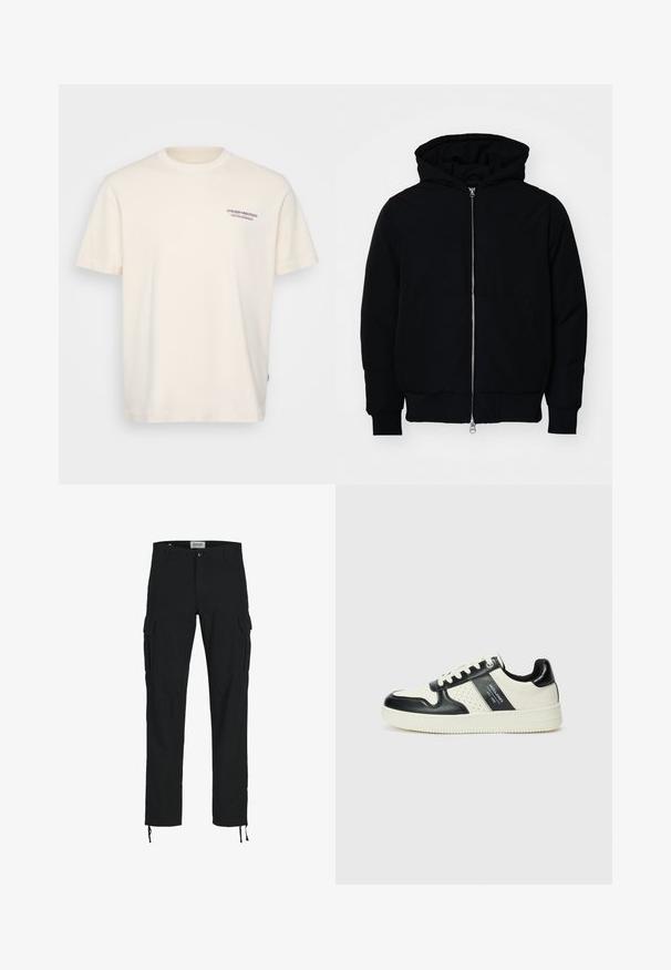 Mustat huppu-untuvatakki, jossa on vetoketju edessä, kenguru-tasku, ribatut hihansuut ja helma, esillä yksinkertaisella valkoisella taustalla.; Kermanvärinen puuvillapaita, jossa on pyöreä kaula-aukko, lyhyet hihat ja pieni sininen sekä punainen "ATELIER ORIGINALS" -printti rinnassa.; Mustat cargo-housut suoran leikkauksen, joissa on sivutaskut, napillinen suljenta ja joustavat nyörit nilkoissa. Valmistettu kestävästä kankaasta.; Nahkakengät musta-kerma värimaailmassa, joissa on rei'itetyt yksityiskohdat, pehmustettu nilkkaosa ja teksturoitu pohja.