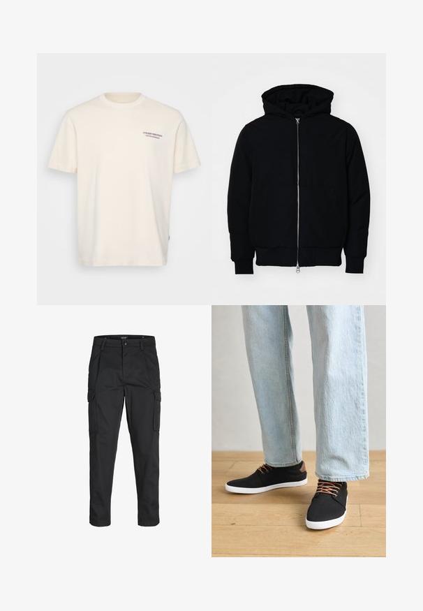 Sort hættejakke med frontlynlås, kængurulomme, ribbede manchetter og kant, præsenteret på en ensfarvet hvid baggrund.; Cremefarvet bomulds T-shirt med rund hals, korte ærmer og et lille blåt og rødt "ATELIER ORIGINALS" tryk på brystet.; Sorte cargo-bukser lavet af slidstærkt stof, der har flere lommer, en knaplukning og et slim fit design med smalle ben.; Sort canvas sneakers med brune detaljer, hvide gummisåler og brune snørebånd, parret med lyseblå lige ben jeans. Trægulv i baggrunden.