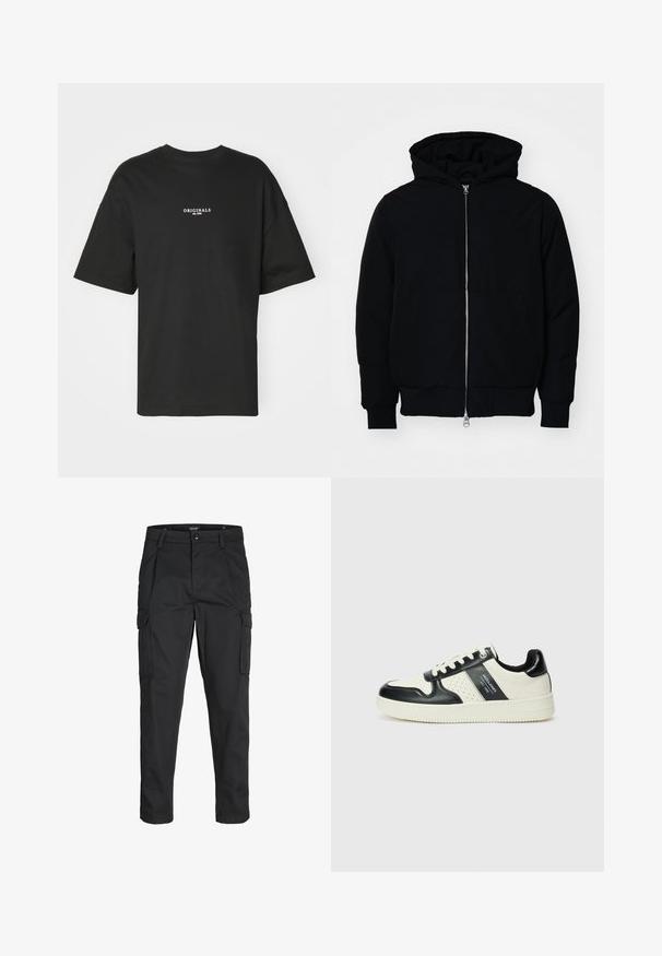 Černá kapucňová bunda s předním zipem, klokaní kapsou, vroubkovanými manžetami a spodním lemem, vystavená na čistém bílém pozadí.; Černé tričko s krátkým rukávem vyrobené z bavlny, s bílým potiskem "ORIGINALS est. 1970" na hrudi, s uvolněným střihem a kulatým výstřihem.; Černé cargo kalhoty vyrobené z odolné tkaniny, s mnoha kapsami, knoflíkovým zapínáním a slim fit střihem se zúženými nohavicemi.; Kožené tenisky s černobílou barevnou kombinací, které mají perforované detaily, polstrovaný límec a texturovanou podrážku.