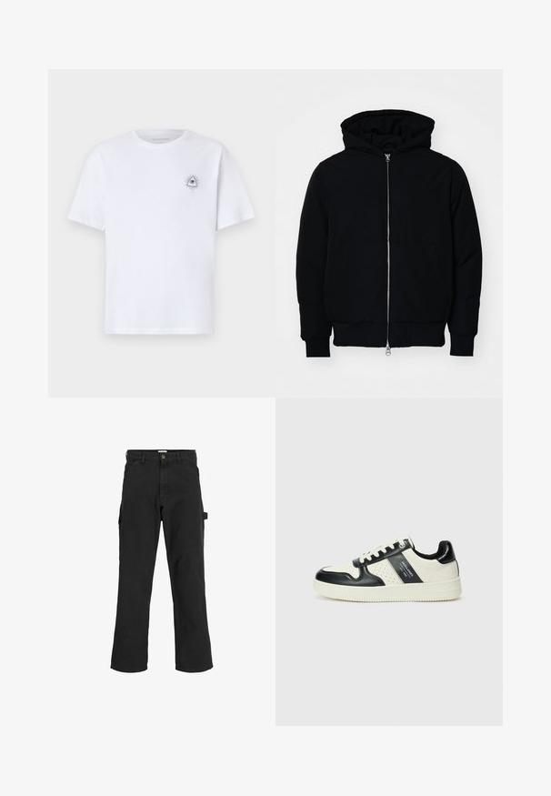 Black hooded jacket with front zipper, kangaroo pocket, ribbed cuffs, and hem, displayed on a plain white background.; White cotton t-shirt with short sleeves, featuring a small printed triangle and eye design with radiating lines on the left chest area.; Black cargo pants in cotton blend fabric. Features wide legs, front slant pockets, and a side pocket with a loop for accessories.; Leather sneakers with a black and cream color scheme, featuring perforated accents, a padded collar, and a textured outsole.