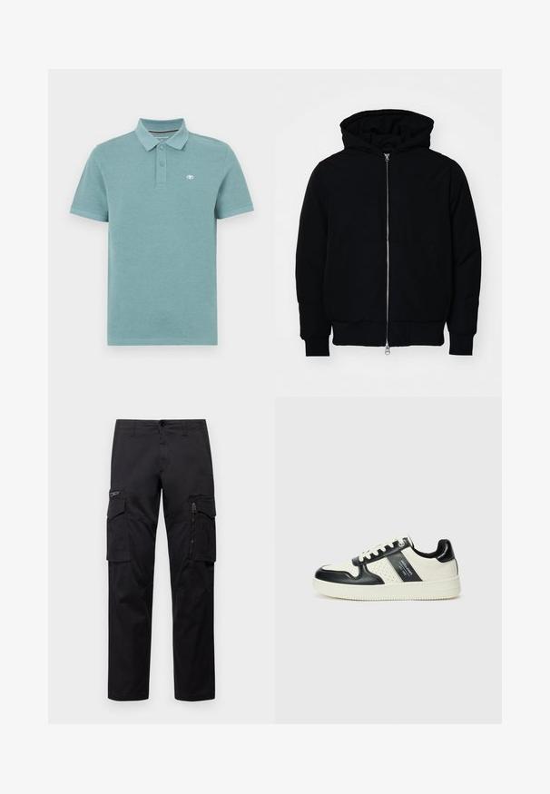 Schwarze Kapuzenjacke mit Frontreißverschluss, Kängurutasche, gerippten Bündchen und Saum, auf einem schlichten weißen Hintergrund präsentiert.; Polo-Shirt in hellem Türkis, kurze Ärmel, Polokragen mit zwei Knöpfen, mit einem kleinen Logo auf der linken Brust, aus glattem Baumwollstoff.; Schwarze Cargo-Hosen mit mehreren Taschen, einer Reißverschlusstasche am Oberschenkel, geradem Schnitt und strapazierfähigem Baumwollstoff mit leichtem Glanz.; Leder-Sneaker in Schwarz- und Cremetönen, mit perforierten Akzenten, einem gepolsterten Kragen und einer strukturierten Laufsohle.