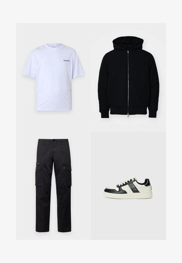 Melna kapucēta jaka ar priekšējo rāvējslēdzēju, kenguru kabatu, ribinātām aprocēm un apakšmalu, parādīta uz vienkārša balta fona.; Balts kokvilnas T-krekls ar īsām piedurknēm, apaļu kakla izgriezumu un melnu uzdruku "Club1990" kreisajā krūšu daļā. Ikdienas piegriezums.; Melnas cargo bikses ar vairākiem kabatām, ar rāvējslēdzēju kabatu uz augšstilba, taisnu piegriezumu un izturīgu kokvilnas audumu ar vieglu spīdumu.; Ādas sporta apavi ar melnbaltu krāsu shēmu, ar perforētiem akcentiem, mīkstinātu apkakli un teksturētu zoli.