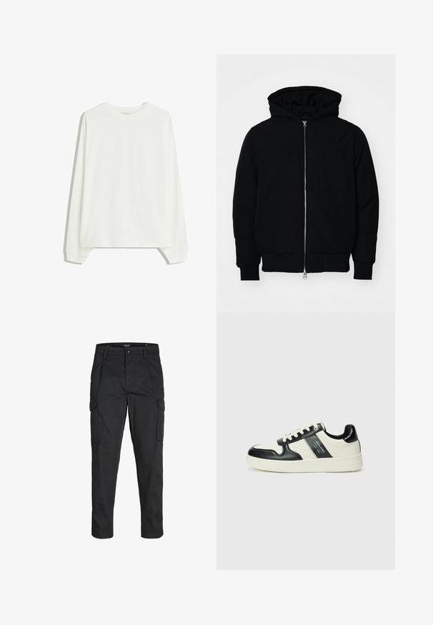 Čierna kapucňová bunda s predným zipsom, klokaními vreckami, rebrovanými manžetami a lemom, zobrazená na bielom pozadí.; Jednoduché biele tričko s dlhým rukávom a okrúhlym výstrihom, s rebrovanými manžetami a voľným strihom, zobrazené na bielom pozadí.; Čierne cargo nohavice z odolnej látky, s viacerými vreckami, gombíkovým zapínaním a úzkym strihom so zúženými nohavicami.; Kožené tenisky v čierno-krémovej farbe, s perforovanými akcentmi, polstrovaným golierom a štruktúrovanou podrážkou.