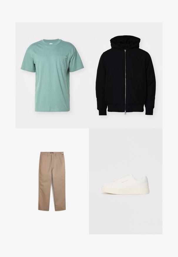 Czarna kurtka z kapturem, z suwakiem z przodu, kieszenią kangurką, ściągaczami przy mankietach i dolnym brzegu, prezentowana na jednolitym białym tle.; Zielona bawełniana koszulka z krótkim rękawem, okrągłym dekoltem i kieszonką na lewej piersi, z małym logo. Miękka tekstura i luźny krój.; Beżowe chinosy wykonane z mieszanki bawełny, z prostym krojem nogawki, przednimi kieszeniami oraz zapięciem na guzik dla klasycznego wyglądu.; Białe sneakersy wsuwane z teksturowanej powierzchni, grubą podeszwą i minimalistycznym designem. Zawierają logo marki z boku.