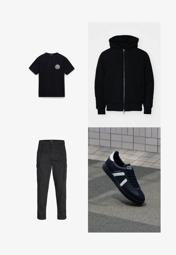 Juodas gobtuvėlis su priekiniu užtrauktuku, kengūros tipo kišene, lygiais rankogaliais ir apvadu, pateiktas ant vientiso balto fono.; Juoda medvilninė marškinė su trumpomis rankovėmis, apvaliu kaklu ir baltu apskritimu logotipu kairėje krūtinės pusėje. Lygus paviršius, pas Casual dizainas.; Juodi krovinių tipo džinsai, pagaminti iš tvirto audinio, su keliais kišeniais, mygtuko uždarymu ir siauru, prigludusiu dizainu su siaurėjančiomis kojomis.; Juodas odinis sportinis batelis su baltais dryžiais, tekstūruota gumine padais ir raišteliais priekyje. Yra prekės ženklą žymintis etiketė ant liežuvio.