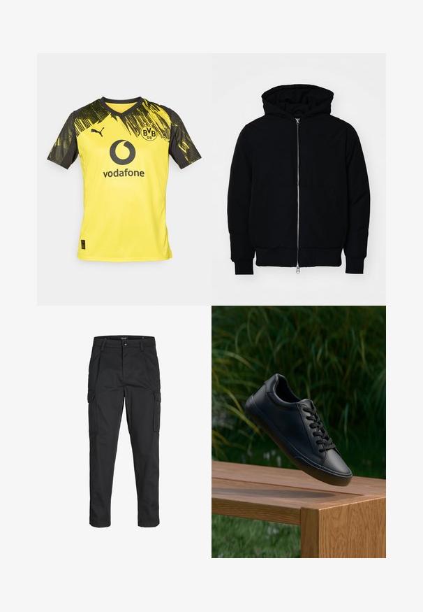 Mustat huppu-untuvatakki, jossa on vetoketju edessä, kenguru-tasku, ribatut hihansuut ja helma, esillä yksinkertaisella valkoisella taustalla.; Keltainen jalkapallopaita mustilla yksityiskohdilla. Ominaisuuksia ovat V-pääntie, tyylitelty muotoilu hartioissa, Vodafone-logo ja Borussia Dortmundin merkki.; Mustat cargo-housut, jotka on valmistettu kestävästä kankaasta. Housuissa on useita taskuja, nappisulku ja kapea istuvuus, jossa on kapenevat lahkeet.; Musta nahkakengät, joissa on sileä pinta, pyöreä kärki ja litteät nauhat, aseteltu puupinnan ylle, taustalla vihreää ruohoa.