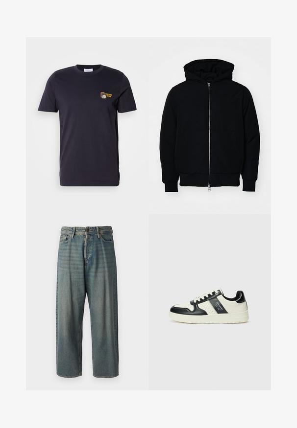 Črna kapuca jakna s sprednjim zadrgo, kenguru žepom, rebrastimi manšetami in hemom, razstavljena na enostavni beli ozadju.; Temno modra bombažna majica s kratkimi rokavi in krožnim ovratnikom. Ima majhen vezen dizajn z besedilom na levem predelu prsnega koša.; Svetlomoderne kavbojke z ohlapnim krojem, srednjim pasom in ravnimi nogami. Imajo pet žepov, zanke za pas in zapiranje na gumb.; Usnjeni športni čevlji z črno in krem barvno shemo, ki vključujejo perforirane dodatke, podložen ovratnik in strukturirano podplat.