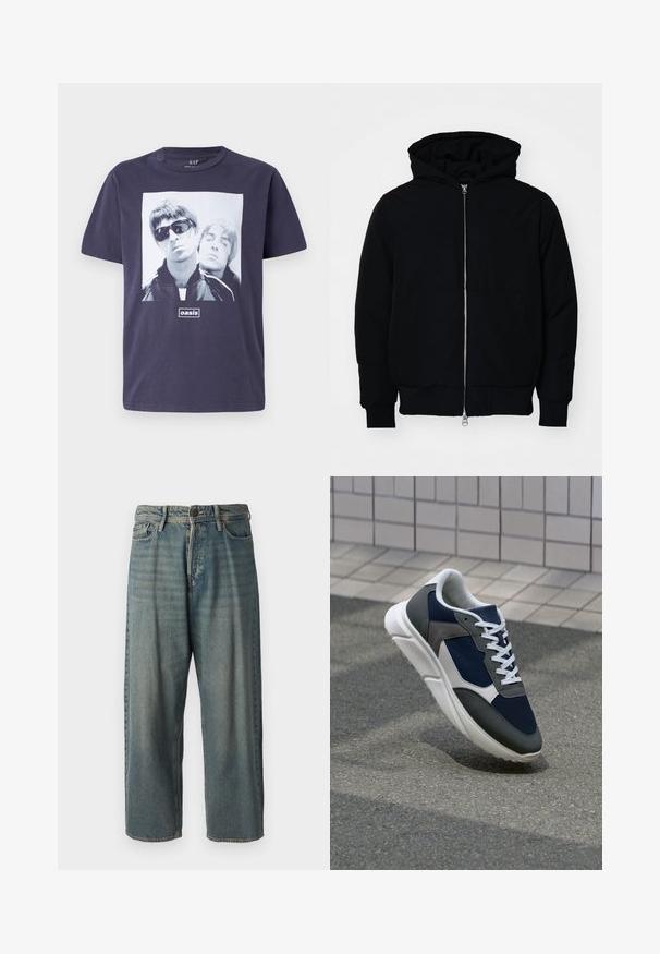 Black hooded jacket with front zipper, kangaroo pocket, ribbed cuffs, and hem, displayed on a plain white background.; Navy blue cotton t-shirt featuring a large graphic print of two male figures. Text "oasis" is centered below the image. Short sleeves, crew neck.; Light blue denim jeans with a loose fit, mid-rise waist, and straight legs. Features five pockets, belt loops, and a button closure.; Sneaker featuring a navy blue mesh upper, gray suede accents, white rubber sole, and flat white laces, designed for comfort and breathability.