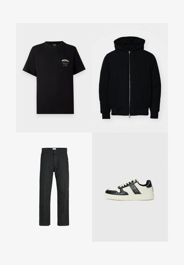 Sort hættejakke med frontlynlås, kængurulomme, ribbede manchetter og kant, præsenteret på en ensfarvet hvid baggrund.; Sort bomulds T-shirt med korte ærmer, rund halsudskæring og et lille grafisk print på venstre bryst med ordet "ORIGINALS."; Sorte bukser lavet af holdbart stof, med en lige pasform, syede detaljer og to forlommer for funktionalitet.; Lædersneakers i sort og creme farveskema, med perforerede detaljer, en polstret krave og en struktureret ydersål.