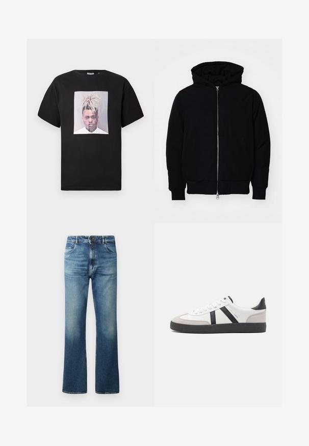 Chaqueta negra con capucha, cierre frontal, bolsillo tipo canguro, y puños y dobladillo acanalados, exhibida sobre un fondo blanco liso.; Camiseta de algodón negra con cuello redondo, que presenta una gran impresión frontal de un retrato en un marco cuadrado. Mangas cortas, corte relajado.; Vaqueros de mezclilla azul con un diseño de pierna acampanada, que cuentan con un lavado desgastado, cinco bolsillos y un cierre de botón.; Zapatilla blanca con acentos en negro y gris, que presenta una puntera texturizada en gris, suela de goma negra y cordones planos blancos. Diseño limpio, estilo minimalista.