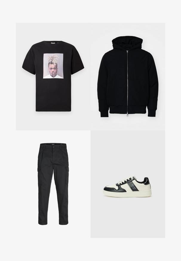 Melna kapucēta jaka ar priekšējo rāvējslēdzēju, kenguru kabatu, ribinātām aprocēm un apakšmalu, parādīta uz vienkārša balta fona.; Melna kokvilnas t-kreklā ar apaļu kaklu, kuram ir liels priekšējais prints ar portretu kvadrātveida rāmī. Īsās piedurknes, brīvs piegriezums.; Melnas kravas bikses, izgatavotas no izturīga auduma, ar vairākiem kabatām, pogu aizdari un šaura piegriezuma dizainu ar sašaurinātiem kāju apakšiem.; Ādas sporta apavi ar melnbaltu krāsu shēmu, ar perforētiem akcentiem, mīkstinātu apkakli un teksturētu zoli.