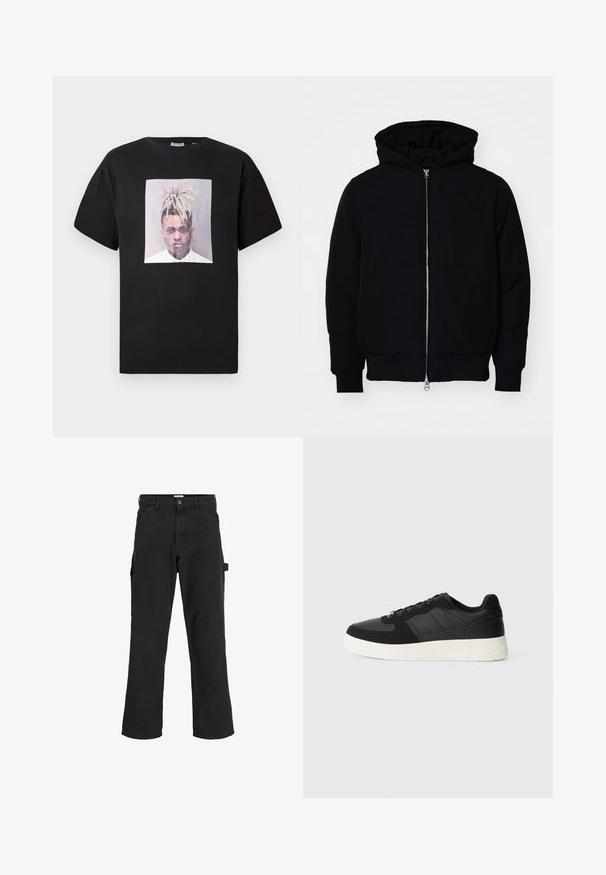 Veste à capuche noire avec fermeture éclair sur le devant, poche kangourou, poignets et ourlet côtelés, présentée sur un fond blanc uni.; T-shirt en coton noir avec un col rond, présentant une grande impression sur le devant d'un portrait dans un cadre carré. Manches courtes, coupe décontractée.; Pantalons cargo noirs en tissu mélangé de coton. Caractéristiques : jambes larges, poches obliques à l'avant et une poche latérale avec une boucle pour accessoires.; Baskets basses noires en cuir texturé et panneaux en daim, semelle en caoutchouc blanc et lacets noirs sur un fond clair.