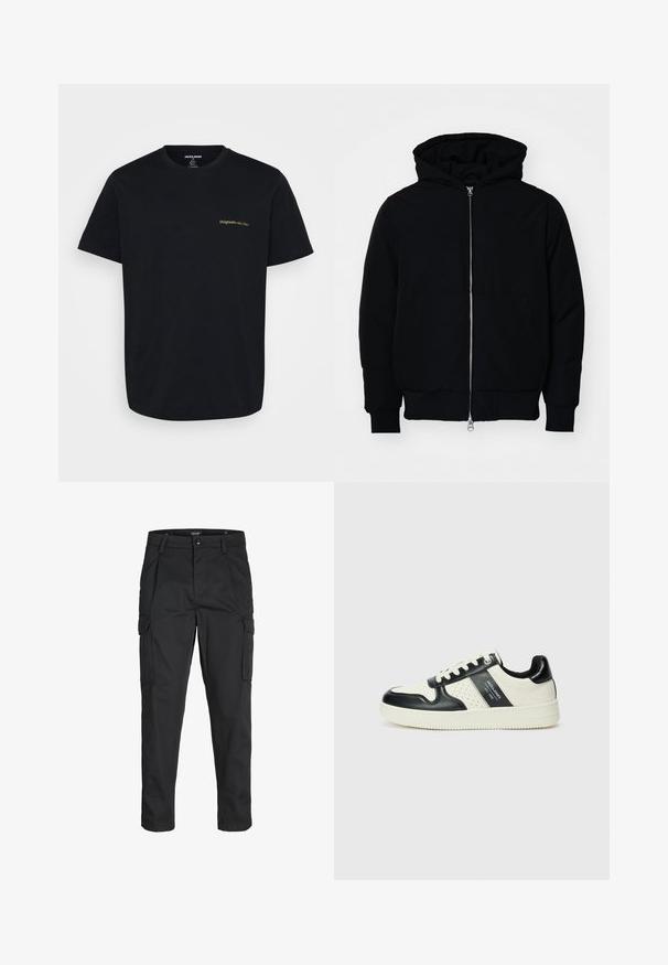 Giacca nera con cappuccio, dotata di zip frontale, tasca a marsupio, polsini e orlo a coste, esposta su uno sfondo bianco semplice.; T-shirt in cotone nero con maniche corte, caratterizzato da un piccolo logo ricamato in oro "Originals" sul lato sinistro del petto. Design classico con collo a giro.; Pantaloni cargo neri realizzati in un tessuto resistente, dotati di molteplici tasche, chiusura con bottone e un design aderente con gambe affusolate.; Sneakers in pelle con una combinazione di colori nero e crema, dotati di dettagli perforati, collare imbottito e suola testurizzata.