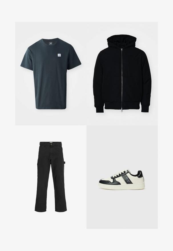 Mustaga kapuutsiga jakk, millel on esineed, kenguru tasku, soonikkoes, ja alläär, esitatud lihtsal valgel taustal.; Tumehallist puuvillast T-särk, millel on ümar kaelus. Särgi vasakul rinnaosal on väike sinise ja valge ruudukujuline logo silt.; Mustad seljandavad püksid puuvilla ja sünteetilise segu kangast. Omavad laiu jalgu, ees kaldus taskuid ning külgtaskut, millel on tarvikute jaoks silmus.; Nahatud nahkkingad musta ja kreemi värviskeemiga, millel on perforeeritud aktsendid, pehme krae ja tekstureeritud tallad.