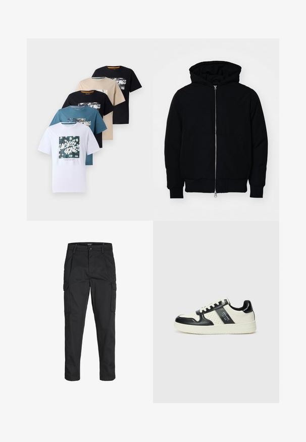 Svart hettejakke med frontglidelås, kengurulomme, ribbestrikket mansjetter og søm, vist på en ensfarget hvit bakgrunn.; Fem korte ermer t-skjorter i hvit, teal, beige, svart og mørk marineblå, med grafiske trykk foran som har varierende blomsterdesign.; Sorte cargo bukser laget av slitesterkt stoff, med flere lommer, knappelukking og en slim fit-design med avsmalnede ben.; Lædersneakers med sort og creme farveskema, der har perforerede detaljer, en polstret krave og en struktureret ydersål.