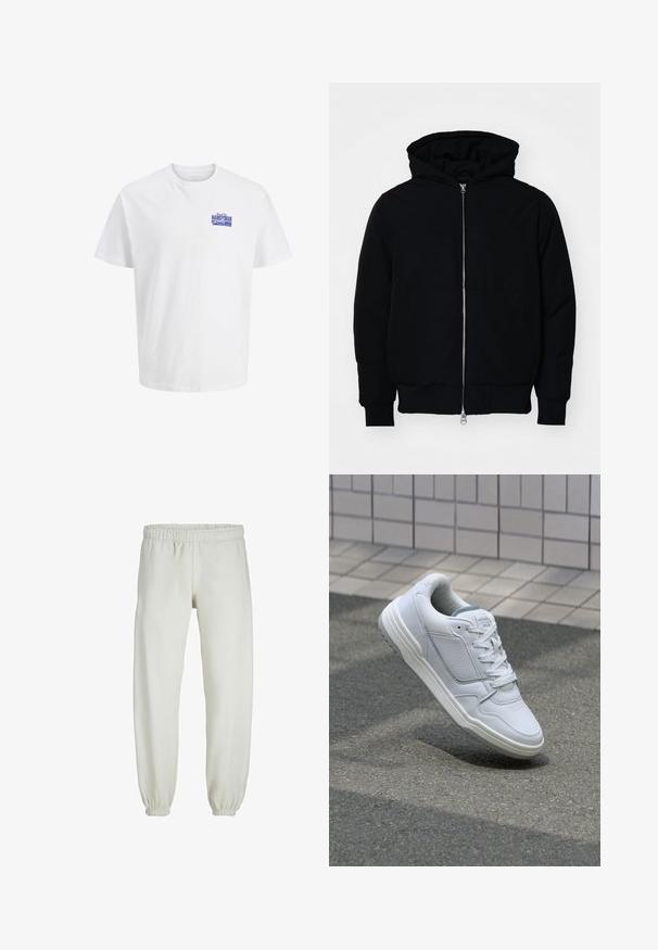 Zwarte hoodie met rits aan de voorkant, kangoeroe-pocket, geribbelde manchetten en zoom, weergegeven op een effen witte achtergrond.; Witte T-shirt met korte mouwen en een klein blauw "Handyman" tekstlogo op de linkerbovenborst.; Witte sweatpants gemaakt van zachte stof, met een elastische tailleband en boorden, een gladde textuur en een losvallend ontwerp.; Witte lederen sneaker met geperforeerde zijkanten, gestructureerde accenten, platte veters en een contrasterende grijze hiel. Voorzien van een iets verhoogde zool.