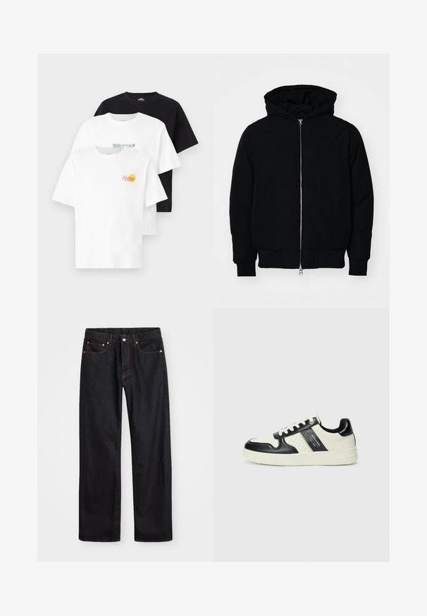 Svart hettejakke med frontglidelås, kengurulomme, ribbestrikket mansjetter og søm, vist på en ensfarget hvit bakgrunn.; Tre kortermede T-skjorter: en svart, en hvit med teksten "HIDDEN BUNGALOW", og en hvit med "Holidays" grafikk i rødt og gult. Bomullsstoff.; Men's straight-leg svarte denim jeans med fem lommer og oransje søm, knapp og glidelås lukking foran på midjen.; Lædersneakers med sort og creme farveskema, der har perforerede detaljer, en polstret krave og en struktureret ydersål.