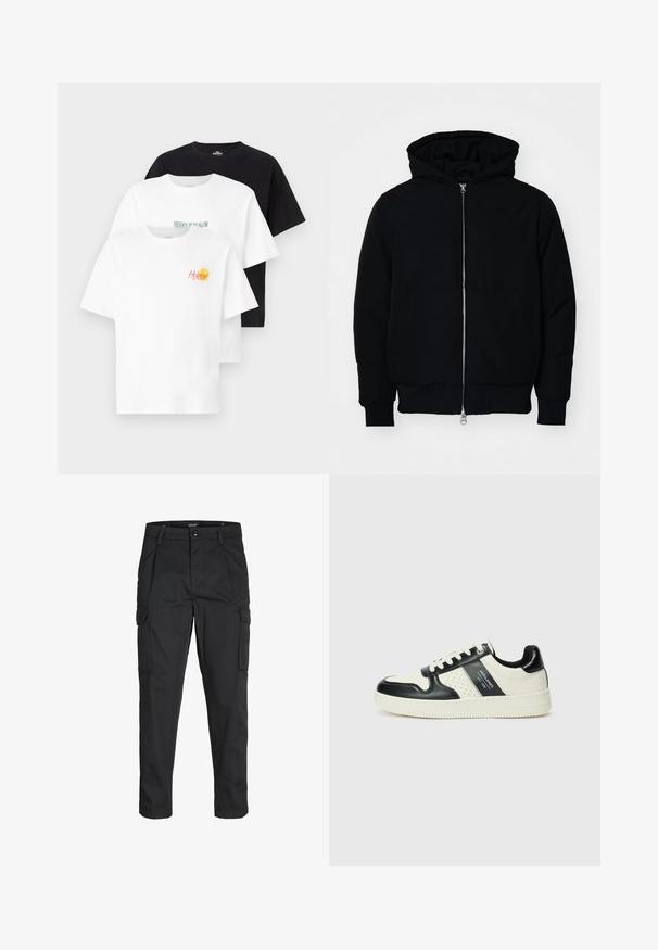 Czarna kurtka z kapturem, z suwakiem z przodu, kieszenią kangurką, ściągaczami przy mankietach i dolnym brzegu, prezentowana na jednolitym białym tle.; Trzy koszulki z krótkim rękawem: jedna czarna, jedna biała z napisem "HIDDEN BUNGALOW", jedna biała z grafiką "Holidays" w kolorach czerwonym i żółtym. Materiał bawełniany.; Czarne spodnie cargo wykonane z wytrzymałego materiału, z wieloma kieszeniami, zapięciem na guzik oraz zwężanym krojem nogawek.; Skórzane sneakersy w czarno-kremowym schemacie kolorystycznym, z perforowanymi akcentami, wyściełanym kołnierzem i teksturowaną podeszwą.