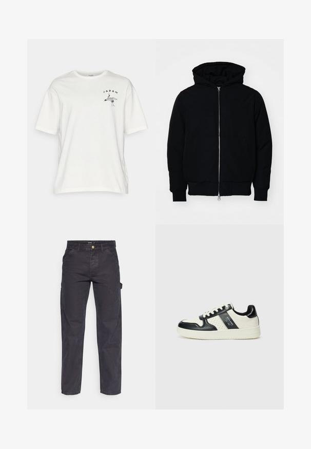 Juodas gobtuvėlis su priekiniu užtrauktuku, kengūros tipo kišene, lygiais rankogaliais ir apvadu, pateiktas ant vientiso balto fono.; Balta medvilnė marškinėliai su trumpomis rankovėmis, su juodu gervės grafiniu atvaizdu ir tekstu „JAPONIJA“ kreivai išdėstytu kairėje krūtinės pusėje.; Tamsiai pilkos krovininės kelnės, pagamintos iš patvarios medžiagos, su tiesaus kirpimo, penkiomis kišenėmis ir mygtukiniu užtrauktuku liemens srityje.; Odiniai sportbačiai juodos ir kreminės spalvų schemoje, su perforuotais akcentais, paminkštinta apykakle ir tekstūruotu padu.