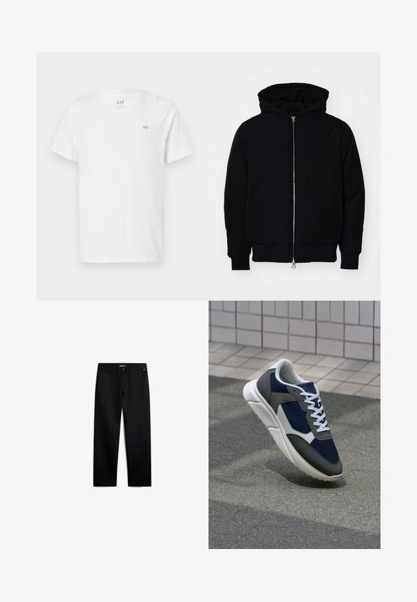 Svart huoodiejacka med framdragkedja, känguruficka, ribbade ärmslut och nederkant, uppställd mot en vit bakgrund.; Vit bomulls t-shirt med V-hals, korta ärmar och en liten broderad logotyp på övre vänstra bröstet. Slät textur.; Svarta bomullsbukser med rak passform, dragkedja och framfickor. Slät yta, inga synliga mönster och minimal hårdvara.; Sko med överdel i marinblå mesh, grå mockadetaljer, vit gummisula och platta vita snören, designad för komfort och andningsförmåga.