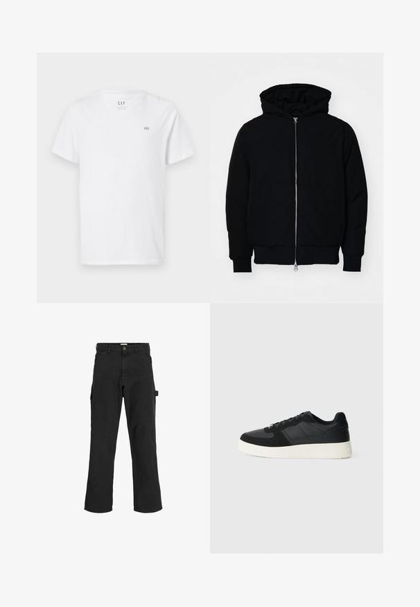 Čierna kapucňová bunda s predným zipsom, klokaními vreckami, rebrovanými manžetami a lemom, zobrazená na bielom pozadí.; Biela bavlnená tričko s V-krkom, krátkymi rukávmi a malým vyšitým logom na hornej ľavej strane hrude. Hladká textúra.; Čierne cargo nohavice z bavlnenej zmesi. Majú široké nohy, predné šikmé vrecká a bočné vrecko s očkom na doplnky.; Čierne nízke tenisky s textúrovanou kožou a semišovými panelmi, biela gumová podrážka a čierne šnúrky na jednoduchom svetlom pozadí.