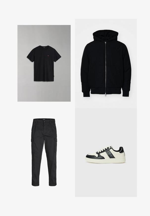 Černá kapucňová bunda s předním zipem, klokaní kapsou, vroubkovanými manžetami a spodním lemem, vystavená na čistém bílém pozadí.; Černé bavlněné tričko s kulatým výstřihem a krátkými rukávy. Obsahuje malou logovou nášivku na hrudi a božní štítek. Hladká textura.; Černé cargo kalhoty vyrobené z odolné tkaniny, s mnoha kapsami, knoflíkovým zapínáním a slim fit střihem se zúženými nohavicemi.; Kožené tenisky s černobílou barevnou kombinací, které mají perforované detaily, polstrovaný límec a texturovanou podrážku.