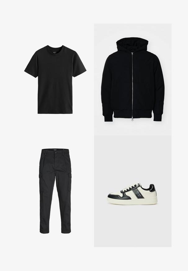 Schwarze Kapuzenjacke mit Frontreißverschluss, Kängurutasche, gerippten Bündchen und Saum, auf einem schlichten weißen Hintergrund präsentiert.; Schwarzes kurzäufiges T-Shirt mit Rundhalsausschnitt aus Baumwolle. Glatte Textur mit geradem Schnitt, einfachem Design und ohne sichtbare Muster oder Akzente.; Schwarze Cargo-Hose aus robustem Material, mit mehreren Taschen, einem Knopfverschluss und einem Slim-Fit-Design mit schmal zulaufenden Beinen.; Leder-Sneaker in Schwarz- und Cremetönen, mit perforierten Akzenten, einem gepolsterten Kragen und einer strukturierten Laufsohle.