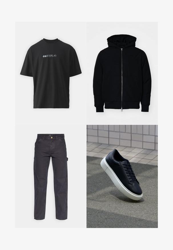 Melna kapucēta jaka ar priekšējo rāvējslēdzēju, kenguru kabatu, ribinātām aprocēm un apakšmalu, parādīta uz vienkārša balta fona.; Replay MARTIN GARRIX - Apdrukāts T-krekls - black; Tumši pelēki kravas bikses, kas izgatavotas no izturīga auduma, ar taisnu piegriezumu, piecām kabatām un pogu aizdari viduklī.; Melnas ādas kedas ar noapaļotu pirkstu un baltu gumijas zoli. Iespējas - plakanas šņorītes un minimāla apdare augšdaļā. Struktūrēta zole, lai nodrošinātu saķeri.