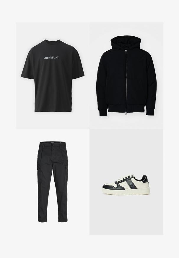 Crna kapuška jakna s prednjim zatvaračem, kenguru džepom, rebrastim manžetama i rubom, prikazana na običnoj bijeloj pozadini.; Replay MARTIN GARRIX - Majica kratkih rukava s printom - black; Crne cargo hlače izrađene od čvrstog materijala, s brojnim džepovima, kopčanjem na gumb i dizajnom koji pomaže da se prilagode tijelu sa suženim nogavicama.; Kožne tenisice s crno-bijelom paletom boja, koje imaju perforirane akcentne detalje, podstavljeni ovratnik i teksturiranu potplat.