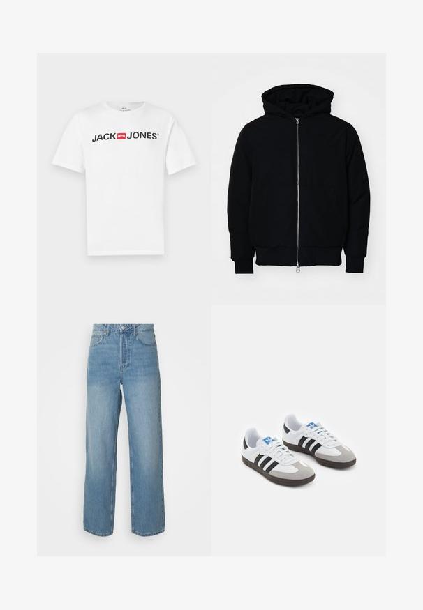 Chaqueta negra con capucha, cierre frontal, bolsillo tipo canguro, y puños y dobladillo acanalados, exhibida sobre un fondo blanco liso.; Camiseta blanca de algodón con un gran logo negro de "JACK & JONES" resaltado con un recuadro rojo. Manga corta y diseño clásico de cuello redondo.; Jeans de denim azul claro de cintura alta con piernas rectas, cierre frontal con botón y estilo de cinco bolsillos sobre fondo liso.; Zapatillas deportivas con parte superior de piel blanca, puntera de ante gris y tres rayas negras. Presentan un logo azul en la lengüeta y una suela de goma texturizada.