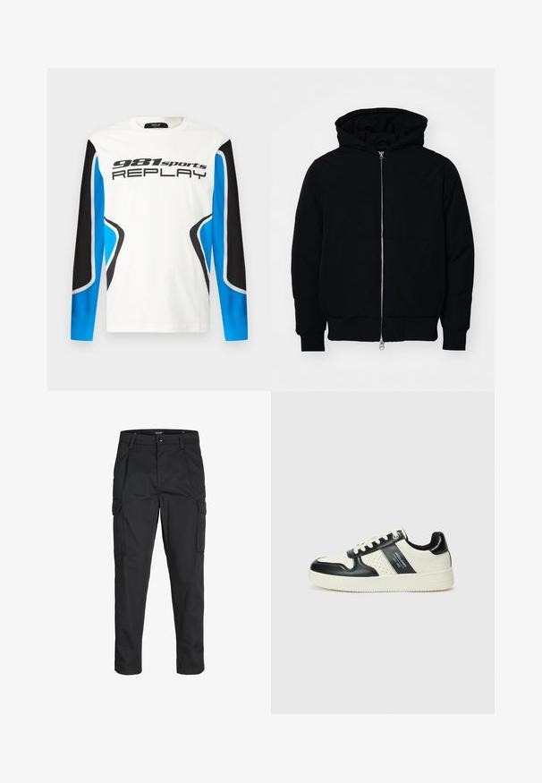 Mustat huppu-untuvatakki, jossa on vetoketju edessä, kenguru-tasku, ribatut hihansuut ja helma, esillä yksinkertaisella valkoisella taustalla.; Pitkähihaiset urheilu paita, jossa valkoinen etuosa, mustat ja siniset hihapaneelit sekä "981 sports REPLAY" -logo painettuna rinnan yli.; Mustat cargo-housut, jotka on valmistettu kestävästä kankaasta. Housuissa on useita taskuja, nappisulku ja kapea istuvuus, jossa on kapenevat lahkeet.; Nahkakengät musta-kerma värimaailmassa, joissa on rei'itetyt yksityiskohdat, pehmustettu nilkkaosa ja teksturoitu pohja.