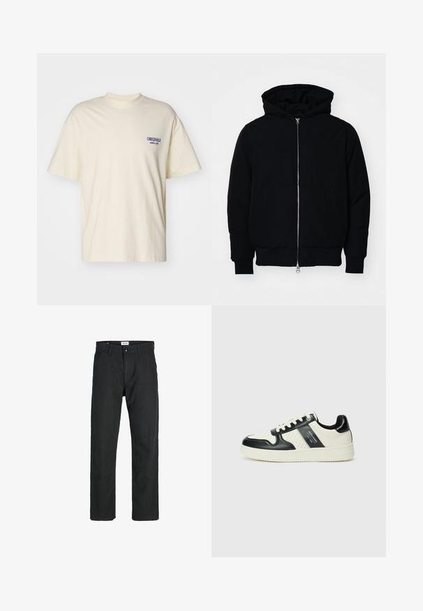 Black hooded jacket with front zipper, kangaroo pocket, ribbed cuffs, and hem, displayed on a plain white background.; Short-sleeve cream-colored t-shirt made of cotton. Features a small blue "ORIGINALS" logo on the left chest. Classic fit and crew neck design.; Black pants made of durable fabric, featuring a straight-leg design, stitched accents, and two front pockets for functionality.; Leather sneakers with a black and cream color scheme, featuring perforated accents, a padded collar, and a textured outsole.