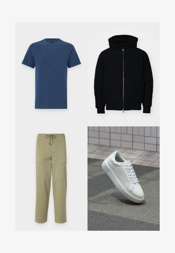 Crna kapuška jakna s prednjim zatvaračem, kenguru džepom, rebrastim manžetama i rubom, prikazana na običnoj bijeloj pozadini.; Tamno plava pamučna majica s okruglim izrezom, kratkim rukavima i ravnim krojem. Glatka tekstura, bez vidljivih uzoraka ili ukrasa.; Svijetlo maslinasto zelene hlače od mješavine pamuka, sa elastičnom strukom i vezicom, te dva velika bočna džepa.; Bijela kožna tenisica s glatkom površinom, okruglim vrhom i ravnim bijelim vezicama. Ima teksturiran gumeni potplat i minimalne dizajnerske elemente.