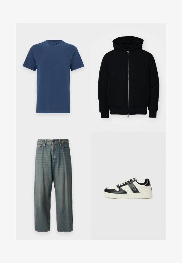 Črna kapuca jakna s sprednjim zadrgo, kenguru žepom, rebrastimi manšetami in hemom, razstavljena na enostavni beli ozadju.; Temno modra bombažna majica s krojem do vratu, kratkimi rokavi in ravnim krojem. Gladka tekstura, brez vidnih vzorcev ali okrasitev.; Svetlomoderne kavbojke z ohlapnim krojem, srednjim pasom in ravnimi nogami. Imajo pet žepov, zanke za pas in zapiranje na gumb.; Usnjeni športni čevlji z črno in krem barvno shemo, ki vključujejo perforirane dodatke, podložen ovratnik in strukturirano podplat.