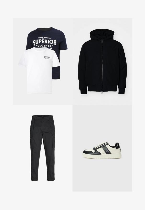 Giacca nera con cappuccio, dotata di zip frontale, tasca a marsupio, polsini e orlo a coste, esposta su uno sfondo bianco semplice.; Due t-shirt: una blu navy con testo grafico bianco "SUPERIOR CLOTHES" e una bianca con un logo blu più piccolo. Entrambi sono in cotone, con colletto a girocollo.; Pantaloni cargo neri realizzati in un tessuto resistente, dotati di molteplici tasche, chiusura con bottone e un design aderente con gambe affusolate.; Sneakers in pelle con una combinazione di colori nero e crema, dotati di dettagli perforati, collare imbottito e suola testurizzata.