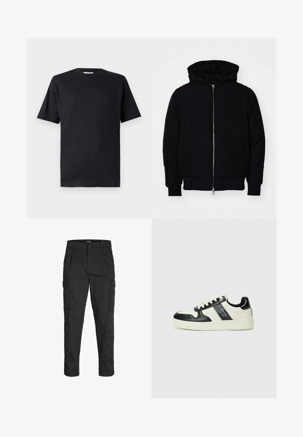 Sort hættejakke med frontlynlås, kængurulomme, ribbede manchetter og kant, præsenteret på en ensfarvet hvid baggrund.; Sort kortærmet t-shirt i bomuld med rund halsudskæring og klassisk snit, uden mønstre eller synlig branding.; Sorte cargo-bukser lavet af slidstærkt stof, der har flere lommer, en knaplukning og et slim fit design med smalle ben.; Lædersneakers i sort og creme farveskema, med perforerede detaljer, en polstret krave og en struktureret ydersål.