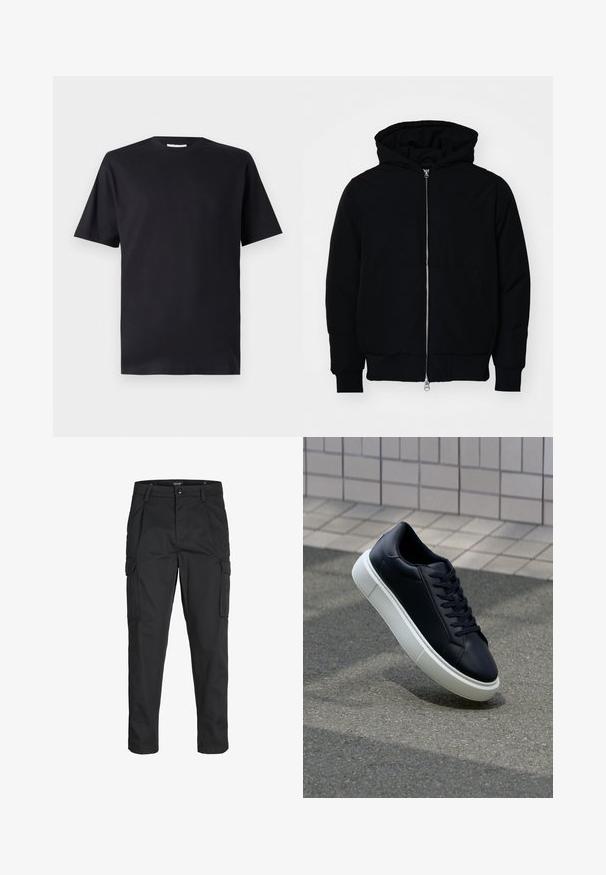 Black hooded jacket with front zipper, kangaroo pocket, ribbed cuffs, and hem, displayed on a plain white background.; Black short-sleeve t-shirt made of cotton, featuring a crew neckline and a classic cut, without any patterns or visible branding.; Black cargo pants made of sturdy fabric, featuring multiple pockets, a button closure, and a slim fit design with tapered legs.; Black leather sneaker with rounded toe and white rubber sole. Features flat laces and minimal stitching on the upper. Textured sole for grip.