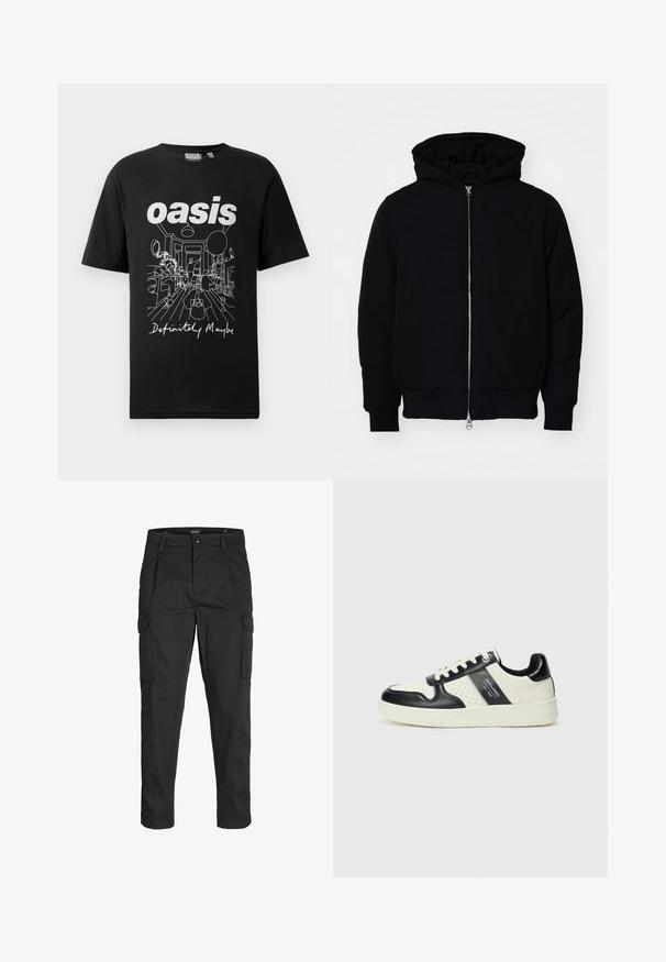 Melna kapucēta jaka ar priekšējo rāvējslēdzēju, kenguru kabatu, ribinātām aprocēm un apakšmalu, parādīta uz vienkārša balta fona.; Melna kokvilnas T-kreklu ar baltu grafisko attēlu, kurā redzama istaba ar cilvēkiem, un tekstu "oāze" un "Noteikti, varbūt" zem tā.; Melnas kravas bikses, izgatavotas no izturīga auduma, ar vairākiem kabatām, pogu aizdari un šaura piegriezuma dizainu ar sašaurinātiem kāju apakšiem.; Ādas sporta apavi ar melnbaltu krāsu shēmu, ar perforētiem akcentiem, mīkstinātu apkakli un teksturētu zoli.