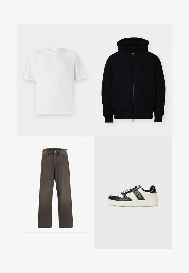 Juodas gobtuvėlis su priekiniu užtrauktuku, kengūros tipo kišene, lygiais rankogaliais ir apvadu, pateiktas ant vientiso balto fono.; Balta medvilninė marškinė su apvalia apykakle ir trumpomis rankovėmis. Turi laisvą kirpimą ir lygų paviršių. Nėra matomų raštų ar grafikų.; Plati kojinės džinsai tamsiai pilkos spalvos džinsinio audinio, su aukštu liemeniu, klasikinio penkių kišenių dizainu ir kontrastinga siuvimo linija siūlėse.; Odiniai sportbačiai juodos ir kreminės spalvų schemoje, su perforuotais akcentais, paminkštinta apykakle ir tekstūruotu padu.