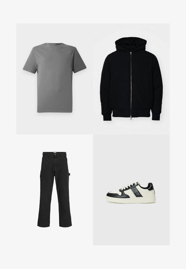 Črna kapuca jakna s sprednjim zadrgo, kenguru žepom, rebrastimi manšetami in hemom, razstavljena na enostavni beli ozadju.; Siva kratka majica s kratkimi rokavi, izdelana iz mehkega bombaža, z okroglim izrezom, gladko teksturo in brez vidnih motivov ali poudarkov.; Črne cargo hlače iz mešanice bombaža. Imajo široke noge, sprednje diagonalne žepke in stranski žep z zanko za dodatke.; Usnjeni športni čevlji z črno in krem barvno shemo, ki vključujejo perforirane dodatke, podložen ovratnik in strukturirano podplat.