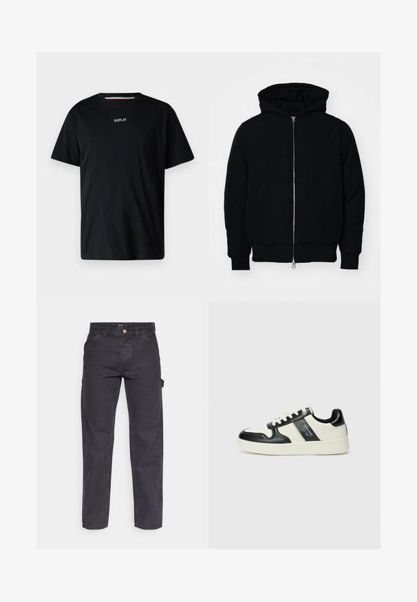 Zwarte hoodie met rits aan de voorkant, kangoeroe-pocket, geribbelde manchetten en zoom, weergegeven op een effen witte achtergrond.; Zwarte katoenen T-shirt met een ronde hals en korte mouwen. Het woord "REPLAY" is in het wit geborduurd over de borst.; Donkergrijze cargobroek van duurzaam materiaal, met een rechte pijp, vijf zakken en een knoopsluiting in de taille.; Leren sneakers met een zwart en crèmekleurig kleurenschema, voorzien van geperforeerde accenten, een gevoerde kraag en een gestructureerde buitenzool.