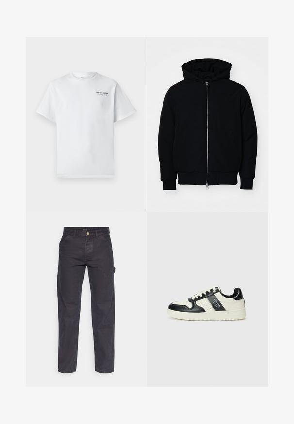 Schwarze Kapuzenjacke mit Frontreißverschluss, Kängurutasche, gerippten Bündchen und Saum, auf einem schlichten weißen Hintergrund präsentiert.; Weißes Baumwoll-T-Shirt mit kurzen Ärmeln, rundem Ausschnitt, mit einem kleinen schwarzen Textlogo "J&J since 1990 Society Club" auf der Brust.; Dunkelgraue Cargo-Hosen aus strapazierfähigem Stoff, mit geradem Bein, fünf Taschen und einem Knopfverschluss an der Taille.; Leder-Sneaker in Schwarz- und Cremetönen, mit perforierten Akzenten, einem gepolsterten Kragen und einer strukturierten Laufsohle.