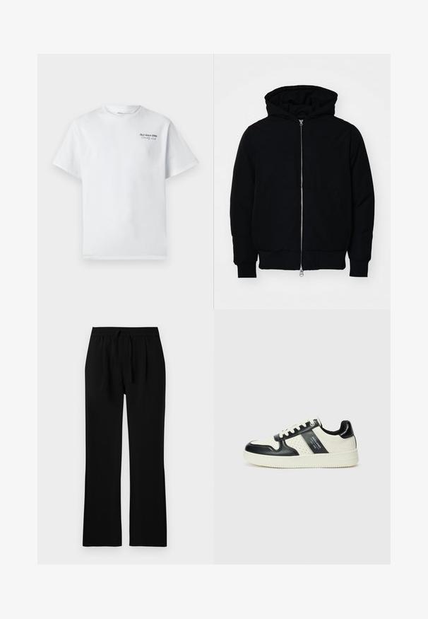 Mustat huppu-untuvatakki, jossa on vetoketju edessä, kenguru-tasku, ribatut hihansuut ja helma, esillä yksinkertaisella valkoisella taustalla.; Valkoinen puuvillapaita lyhythihaisilla hihoilla, pyöreä kaula-aukko, jossa on pieni musta tekstilogo "J&J since 1990 Society Club" rinnassa.; Mustat housut rentoa leikkautumista, joissa on joustava vyötärö ja nauhakuja. Pehmeä pinta, suorat lahkeet, ei näkyviä taskuja.; Nahkakengät musta-kerma värimaailmassa, joissa on rei'itetyt yksityiskohdat, pehmustettu nilkkaosa ja teksturoitu pohja.