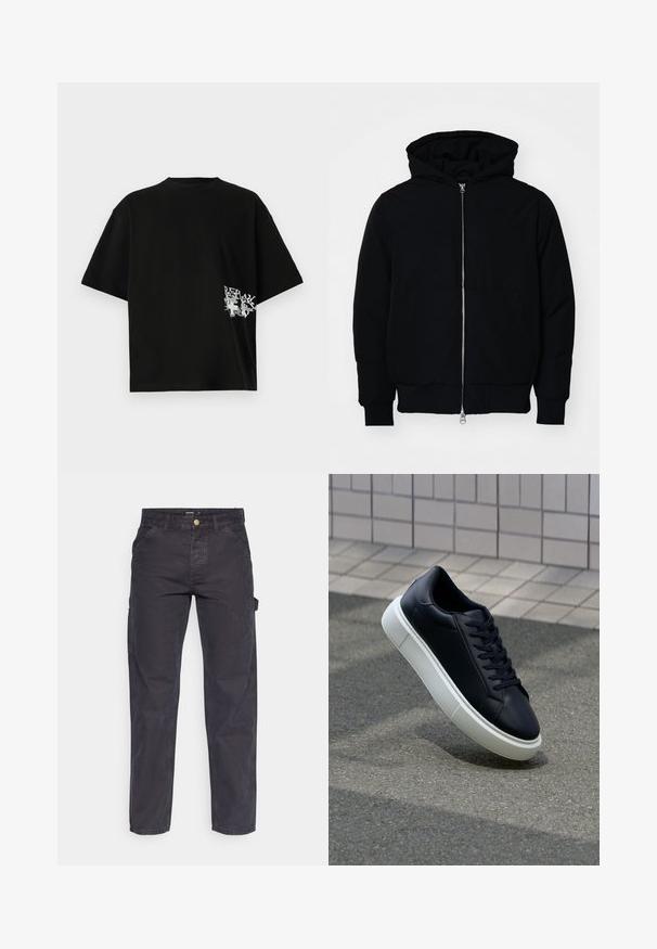 Fekete kapucnis dzseki elülső cipzárral, kenguruzsebbel, bordázott mandzsettákkal és aba, egy sima fehér háttér előtt.; Fekete, oversized pamut póló; bal oldalon, a szegély közelében fehér szöveget és grafikát tartalmaz. Rövid ujjú és kerek nyakú.; Sötétszürke cargo nadrág tartós anyagból, egyenes szárú fazonnal, öt zsebbel és gombos derékzárral.; Fekete bőr sportcipő lekerekített orral és fehér gumitalppal. Lapos fűzőkkel és minimális varrásokkal rendelkezik a felsőrészén. Mintás talp a tapadásért.