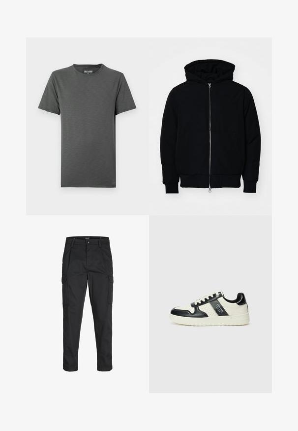 Svart hettejakke med frontglidelås, kengurulomme, ribbestrikket mansjetter og søm, vist på en ensfarget hvit bakgrunn.; Mørkegrå T-skjorte med kort erme og rund hals, med en subtil melert tekstur, lagt flatt mot en lys bakgrunn.; Sorte cargo bukser laget av slitesterkt stoff, med flere lommer, knappelukking og en slim fit-design med avsmalnede ben.; Lædersneakers med sort og creme farveskema, der har perforerede detaljer, en polstret krave og en struktureret ydersål.